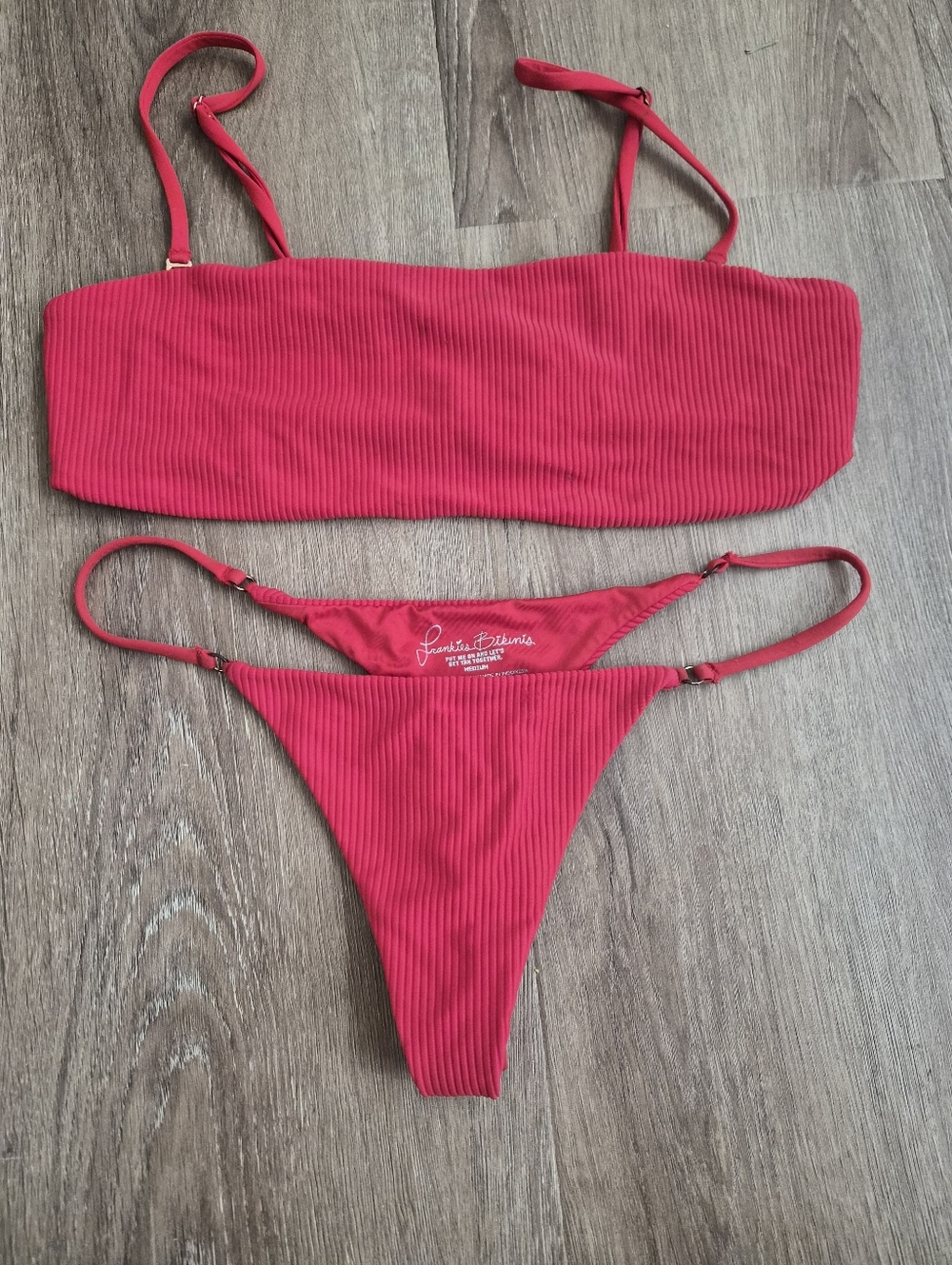 Frankie's Bikinis Hot Red Ribbed Bandeau Bikini Set Medium